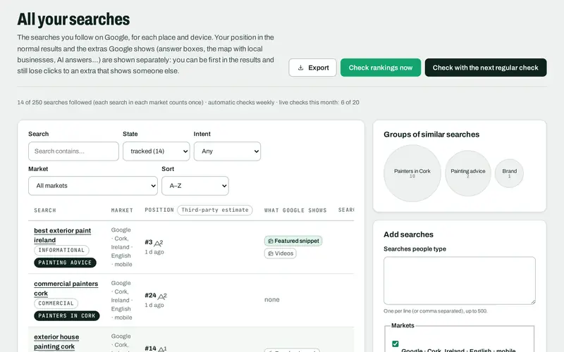 The Keywords and rankings screen in SEOmise, with sample data: All your searches, with positions for each market