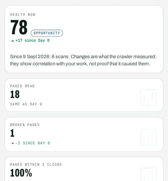 Website health 78, up 17 since Day 0, with pages read, broken pages and pages within three clicks